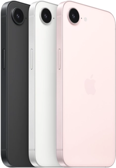 iPhone 17e, side and back exterior, black color, side and back exterior, white color, side and back exterior, soft pink color, Fusion camera at top, side button