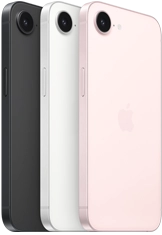 iPhone 17e, side and back exterior, black color, side and back exterior, white color, side and back exterior, soft pink color, Fusion camera at top, side button