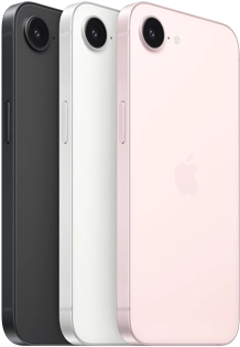 iPhone 17e, side and back exterior, black color, side and back exterior, white color, side and back exterior, soft pink color, Fusion camera at top, side button
