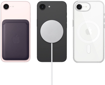 iPhone 17e in soft pink color with FineWoven Wallet in midnight purple color, iPhone 17e in black color with Silicone Case in black color and MagSafe Charger, iPhone 17e in white color with Clear Case with MagSafe