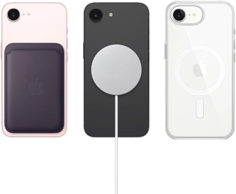 iPhone 17e in soft pink color with FineWoven Wallet in midnight purple color, iPhone 17e in black color with Silicone Case in black color and MagSafe Charger, iPhone 17e in white color with Clear Case with MagSafe