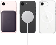 iPhone 17e in soft pink color with FineWoven Wallet in midnight purple color, iPhone 17e in black color with Silicone Case in black color and MagSafe Charger, iPhone 17e in white color with Clear Case with MagSafe