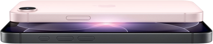 iPhone 17e, horizontal side and back exterior, soft pink color, iPhone 17e, horizontal side and front exterior, black color