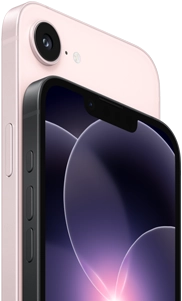 iPhone 17e, horizontal side and back exterior, soft pink color, iPhone 17e, horizontal side and front exterior, black color