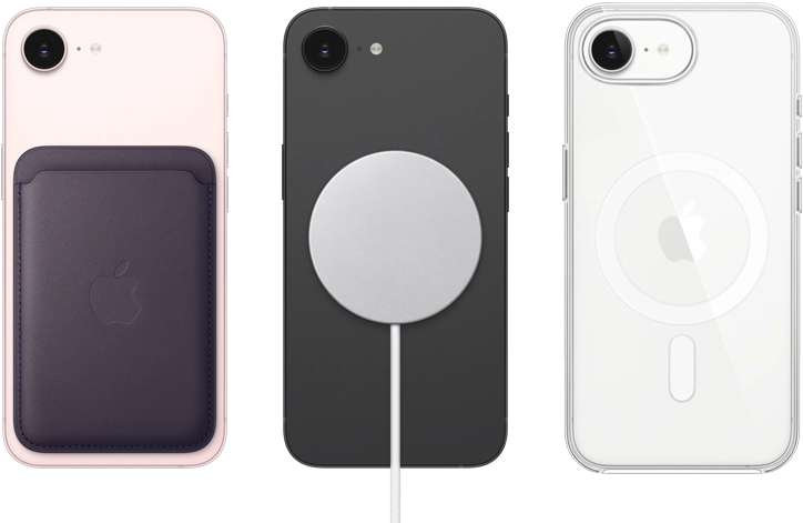 iPhone 17e, back exterior, soft pink color, FineWoven Wallet with MagSafe attached, iPhone 17e, back exterior, black color, MagSafe Charger attached, iPhone 17e, back exterior, white color, Clear Case with MagSafe attached