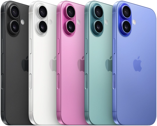 iPhone 16, back exterior, raised advanced dual-camera system, Apple logo in centre, all five finishes, Black, White, Pink, Teal, Ultramarine