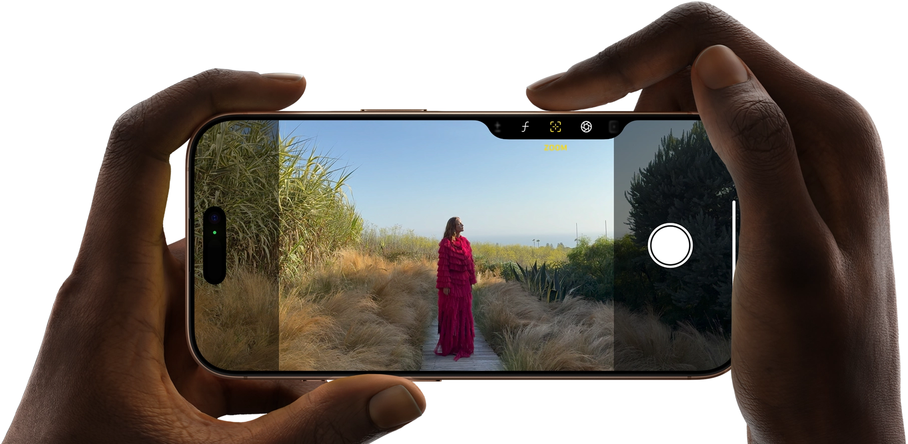 Camera Control on iPhone 16 Pro, right finger slides along side of phone to adjust the depth of field