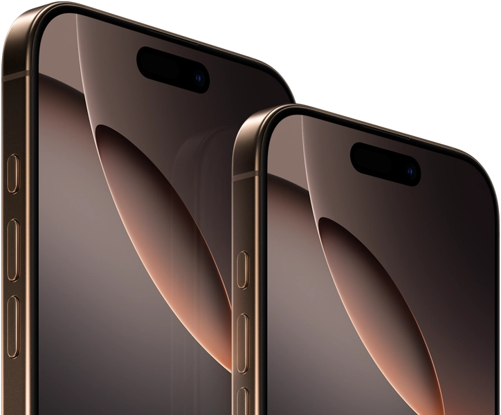 6.9-inch iPhone 16 Pro Max and 6.3-inch iPhone 16 Pro, front exterior, Action button, volume buttons, Dynamic Island centred near top