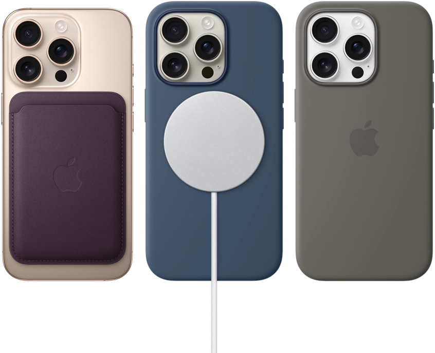 Three iPhone 16 Pro devices, back exterior, with MagSafe accessories attached: iPhone FineWoven MagSafe Wallet, MagSafe Charger and iPhone Silicone Case with MagSafe