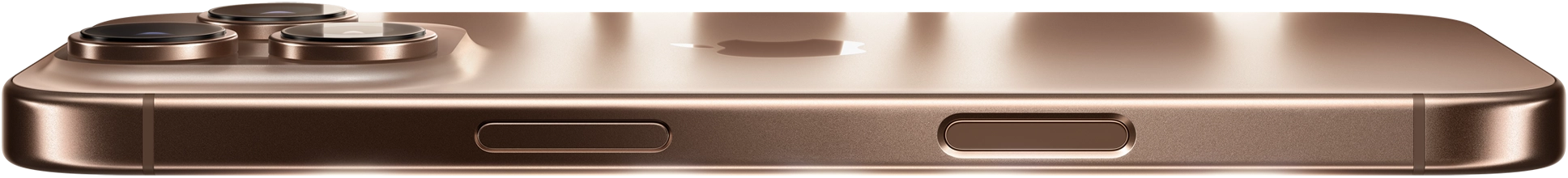 iPhone 16 Pro in Desert Titanium finish, side exterior, Apple logo in centre, raised Pro camera system, Side button, Camera Control button