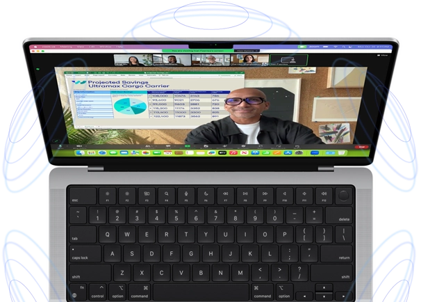 MacBook Pro surrounded by illustrations of blue circles to suggest the 3D feeling of Spatial Audio — onscreen, a person uses the Presenter Overlay feature in a Zoom video meeting to appear in front of the content they are presenting