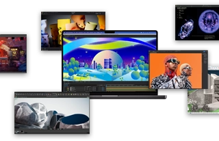 Showcasing MacBook Pro running apps like Adobe After Effects, Keynote, DaVinci Resolve, Autodesk Maya with Arnold renderer, Adobe Photoshop, Houdini, SketchUp