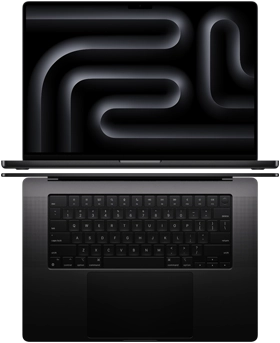 An arrangement of MacBook Pro laptops shows off the expansive screen and thin construction