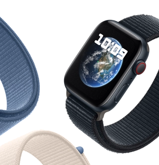 Apple Watch SE with Sport Loop strap displaying Astronomy wallpaper showing planet Earth.
