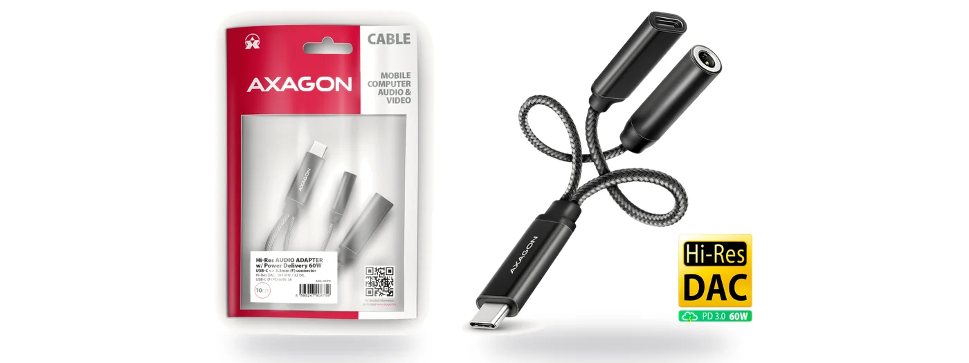 AXAGON ADA-HCPD Hi-Res аудио адаптер USB-C към 3.5 мм жак с Power Delivery 60 W