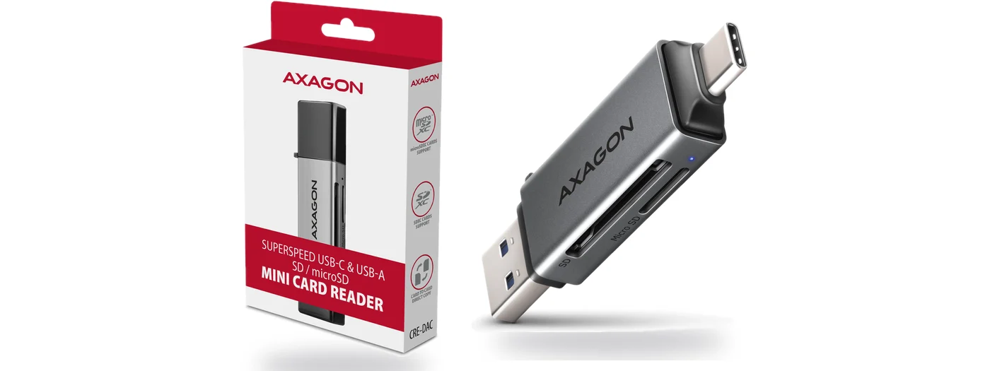 AXAGON CRE-DAC мини четец за SD и microSD карти с USB-C и USB-A