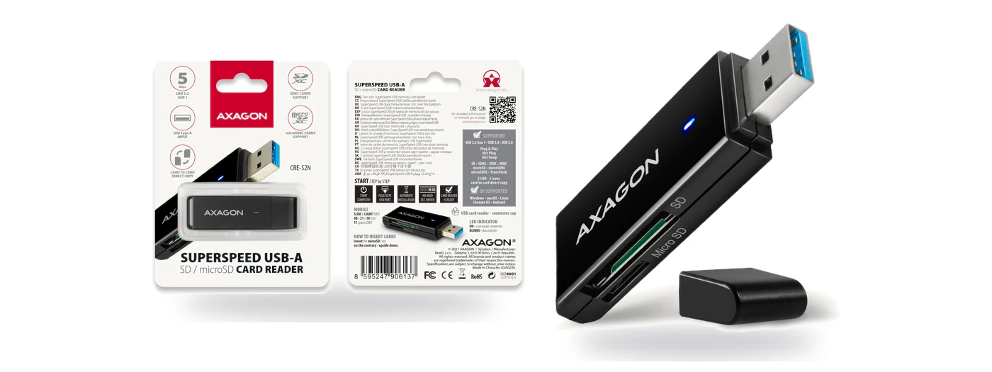 AXAGON CRE-S2N SuperSpeed USB-A четец за SD и microSD карти
