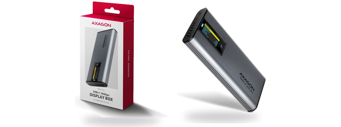 AXAGON EEM2-SD2 USB-C 10Gbps кутия за M.2 SSD с дисплей