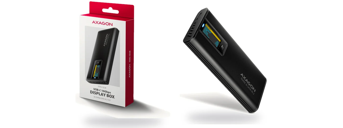 AXAGON EEM2-SD2B USB-C 10Gbps кутия за M.2 SSD с дисплей, черна