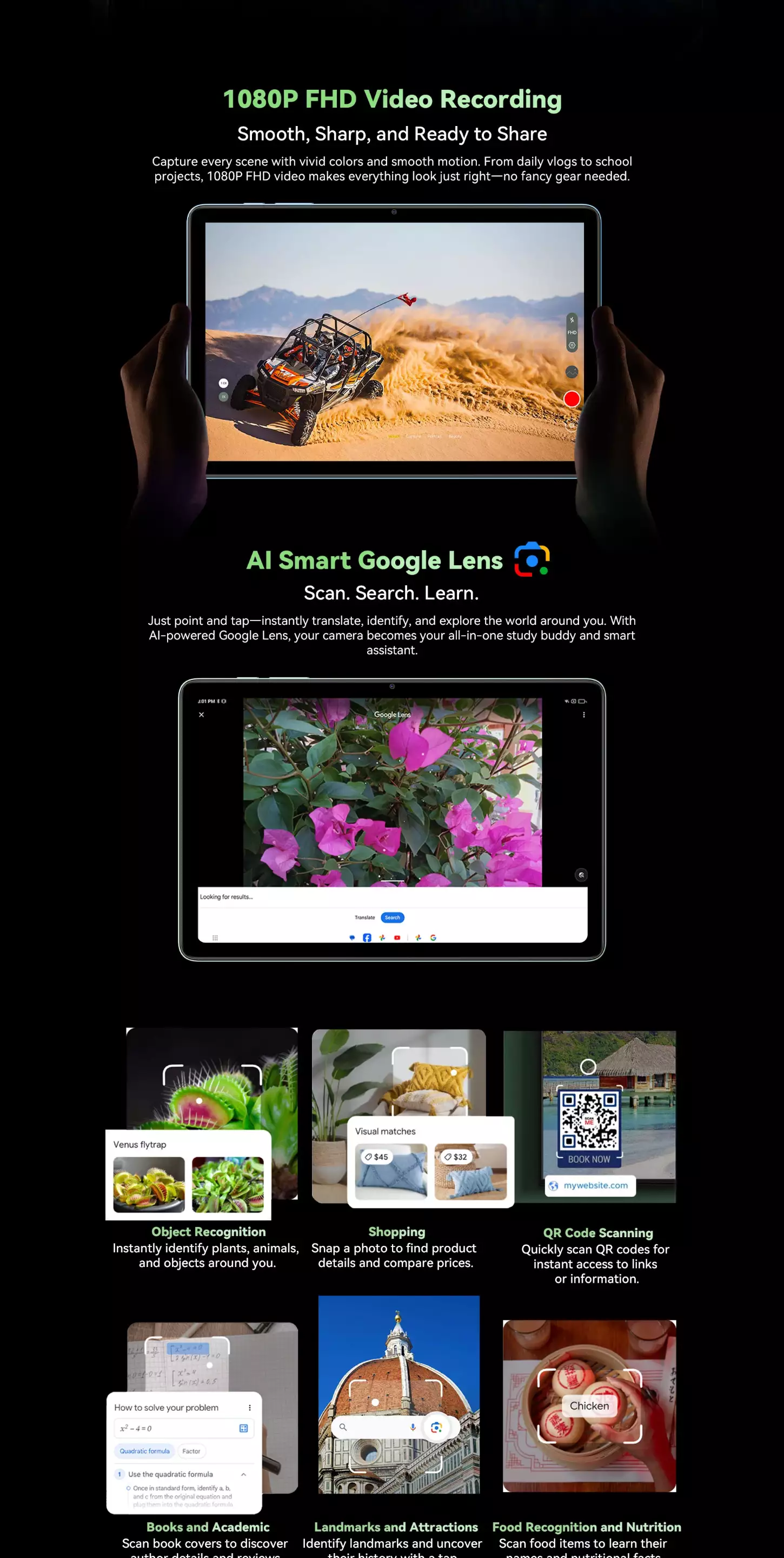 OSCAL Pad 30 WiFi 1080p video recording and Google Lens features
