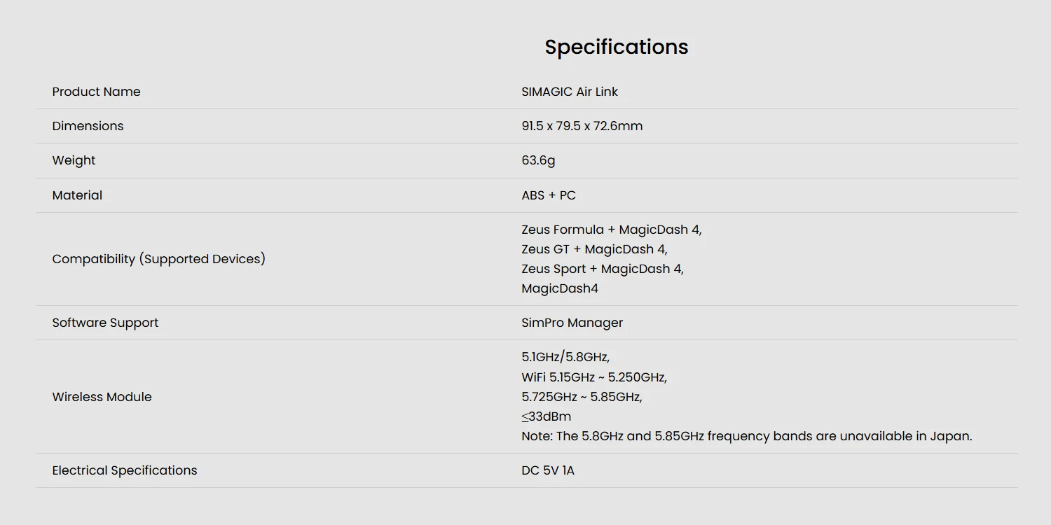 Simagic Air-Link specifications