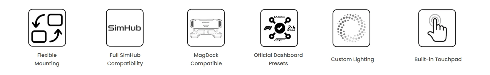 MagicDash 4 features: Flexible mounting, Full SimHub Compatibility, MagDock Compatible, Official Dashboard Presets, Custom Lighting, Build-in Touchpad
