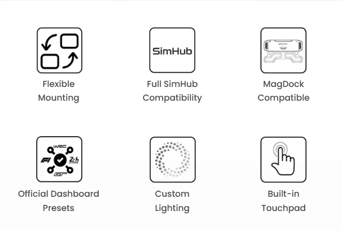 MagicDash 4 features: Flexible mounting, Full SimHub Compatibility, MagDock Compatible, Official Dashboard Presets, Custom Lighting, Build-in Touchpad