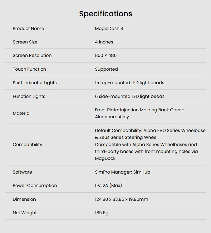 Simagic MagicDash 4 specifications
