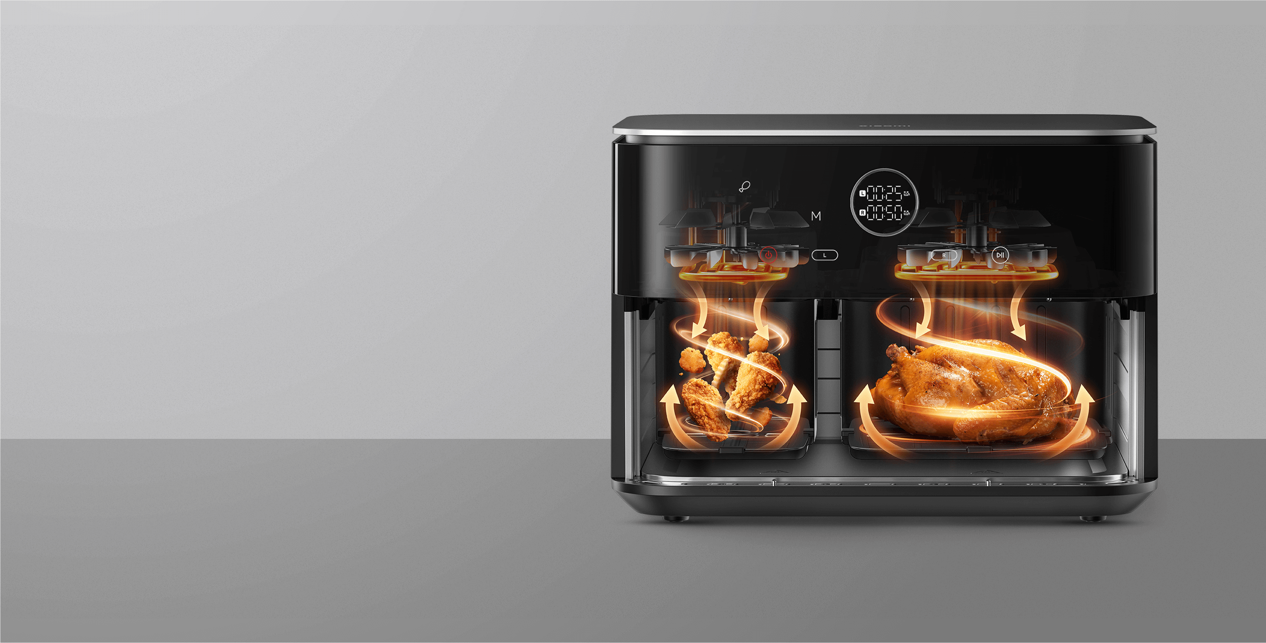 Xiaomi Dual Zone Air Fryer 10L с горещ въздух, който циркулира около пилешки крилца и цяло пиле