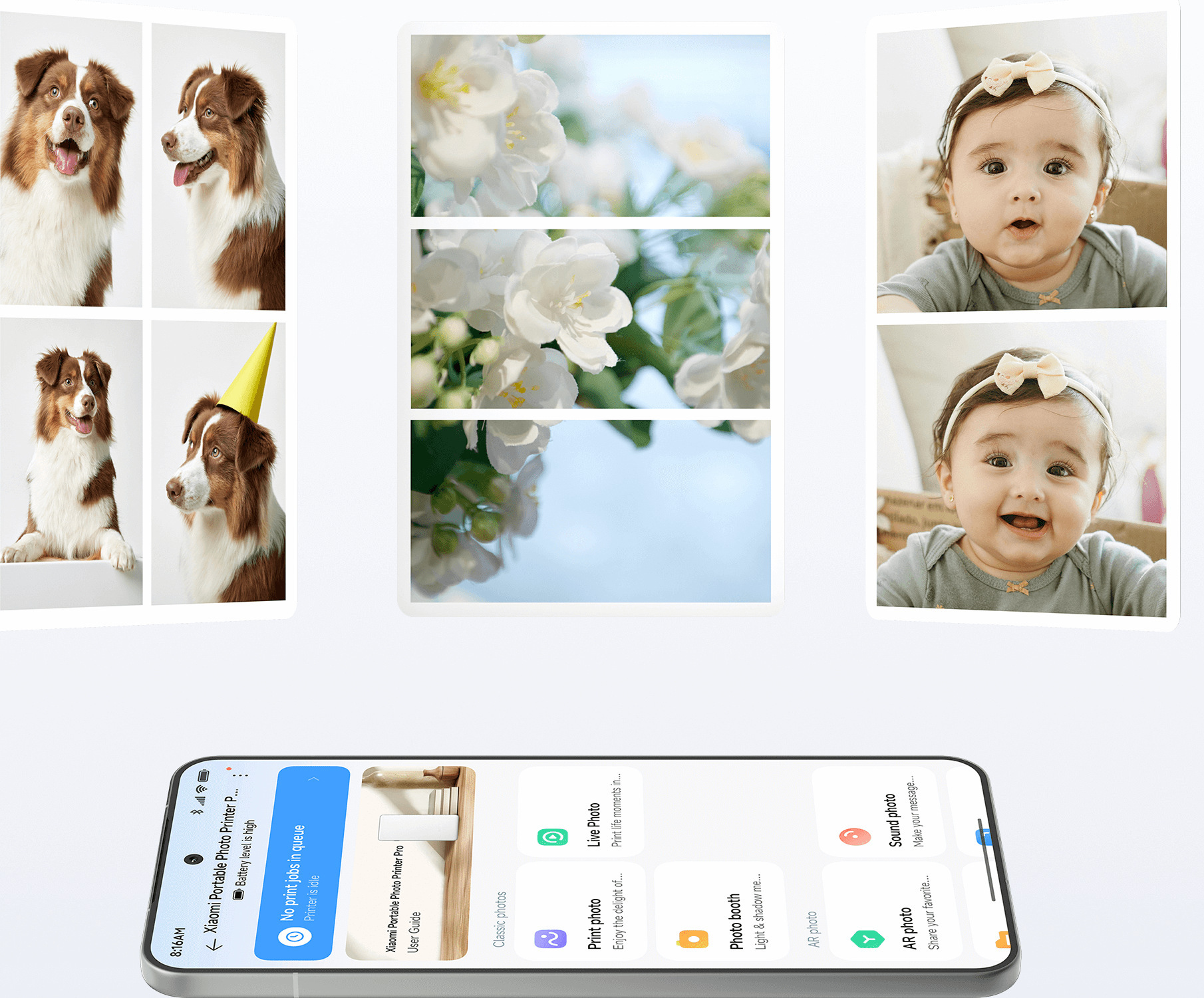 Колажи и фото ленти, отпечатани с Xiaomi Portable Photo Printer Pro, и шаблоните в Xiaomi Home