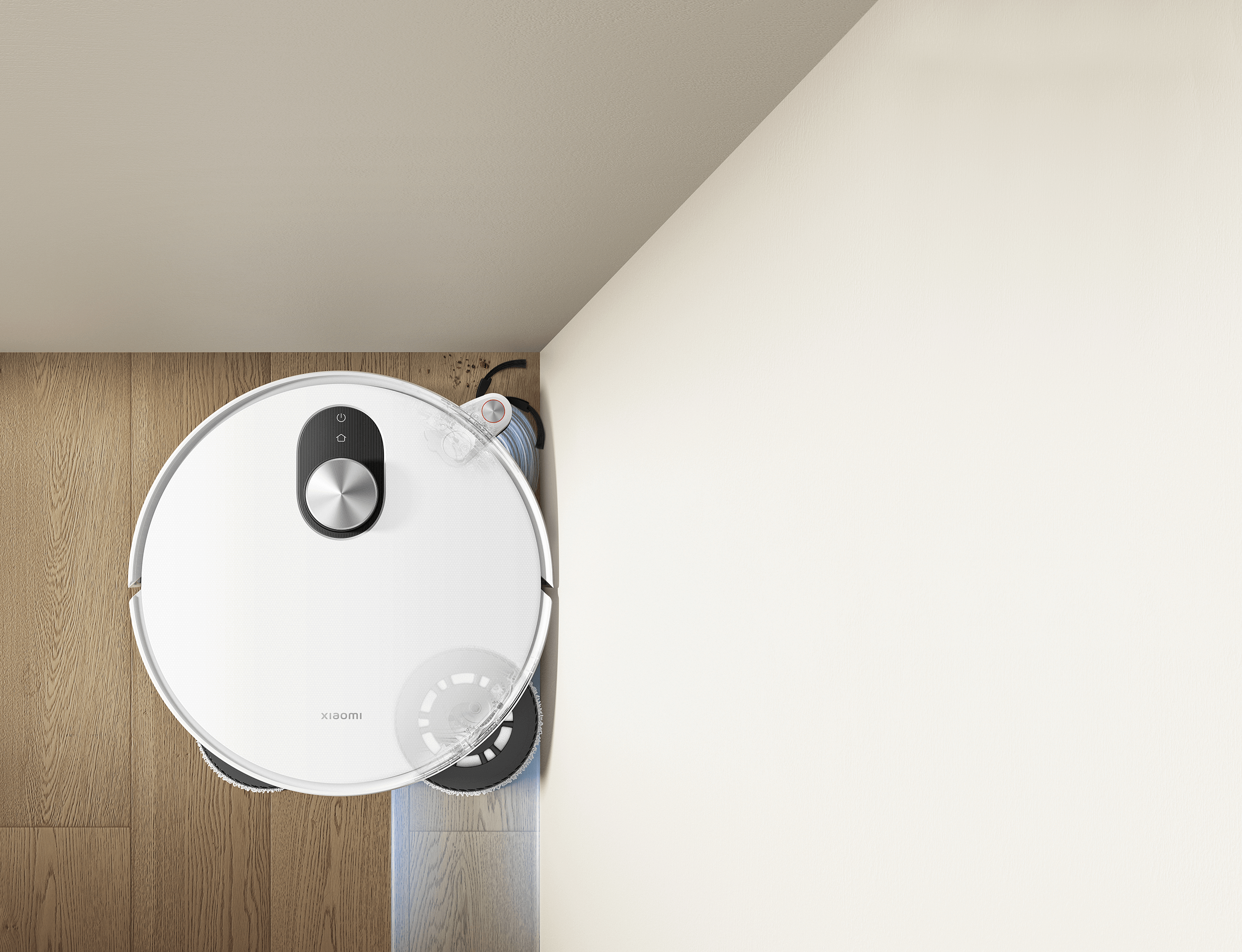 Разтегателен моп и странична четка на Xiaomi Robot Vacuum 5 при почистване на ъгъл