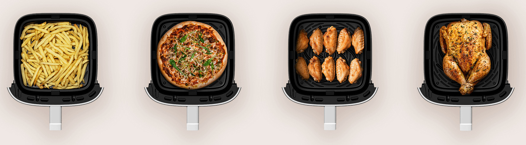 Четири кошници на Xiaomi Air Fryer 6.5L с картофи, пица, пилешки крилца и цяло пиле