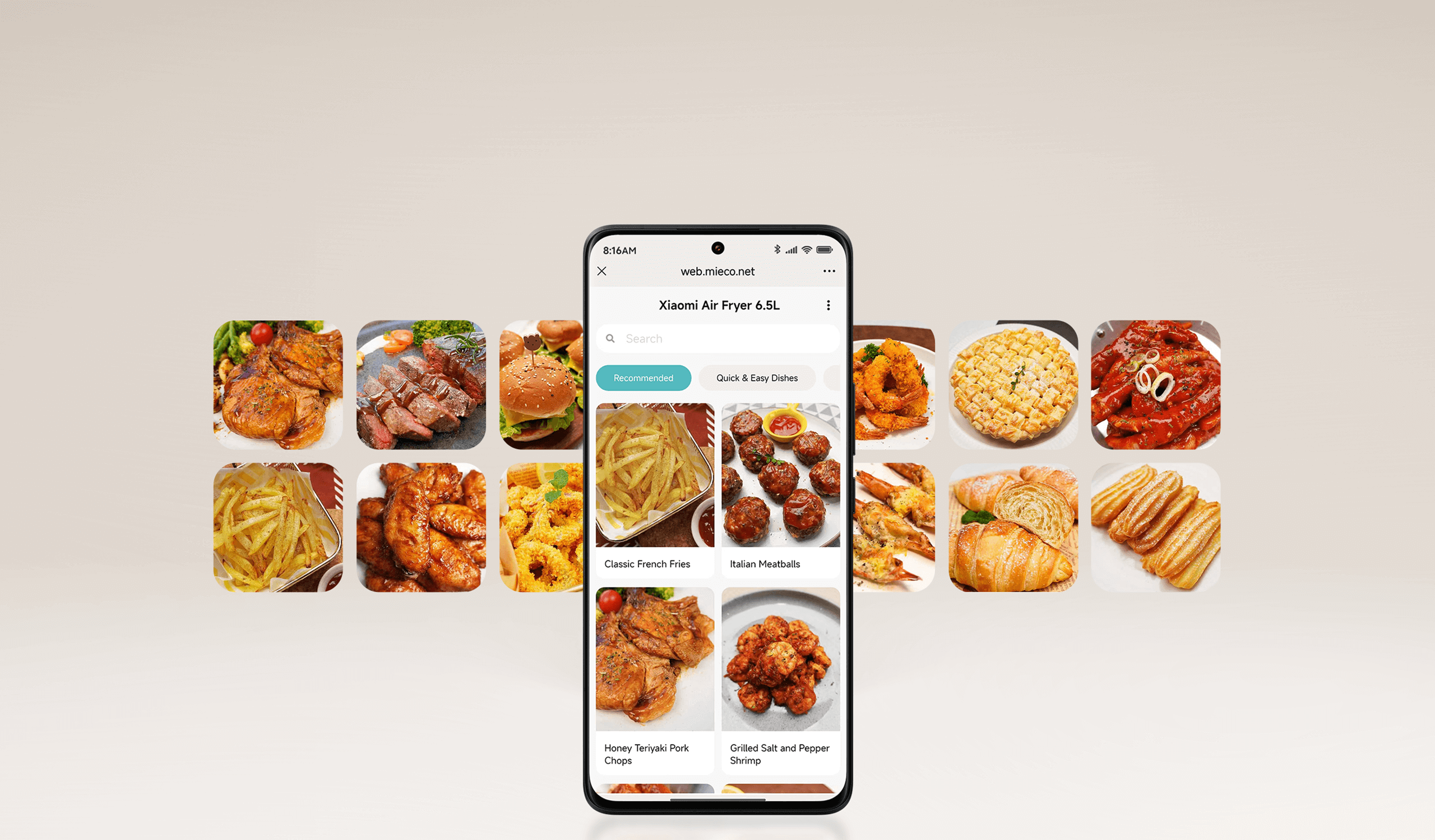 Смартфон с рецепти за Xiaomi Air Fryer 6.5L, заобиколен от снимки на готови ястия