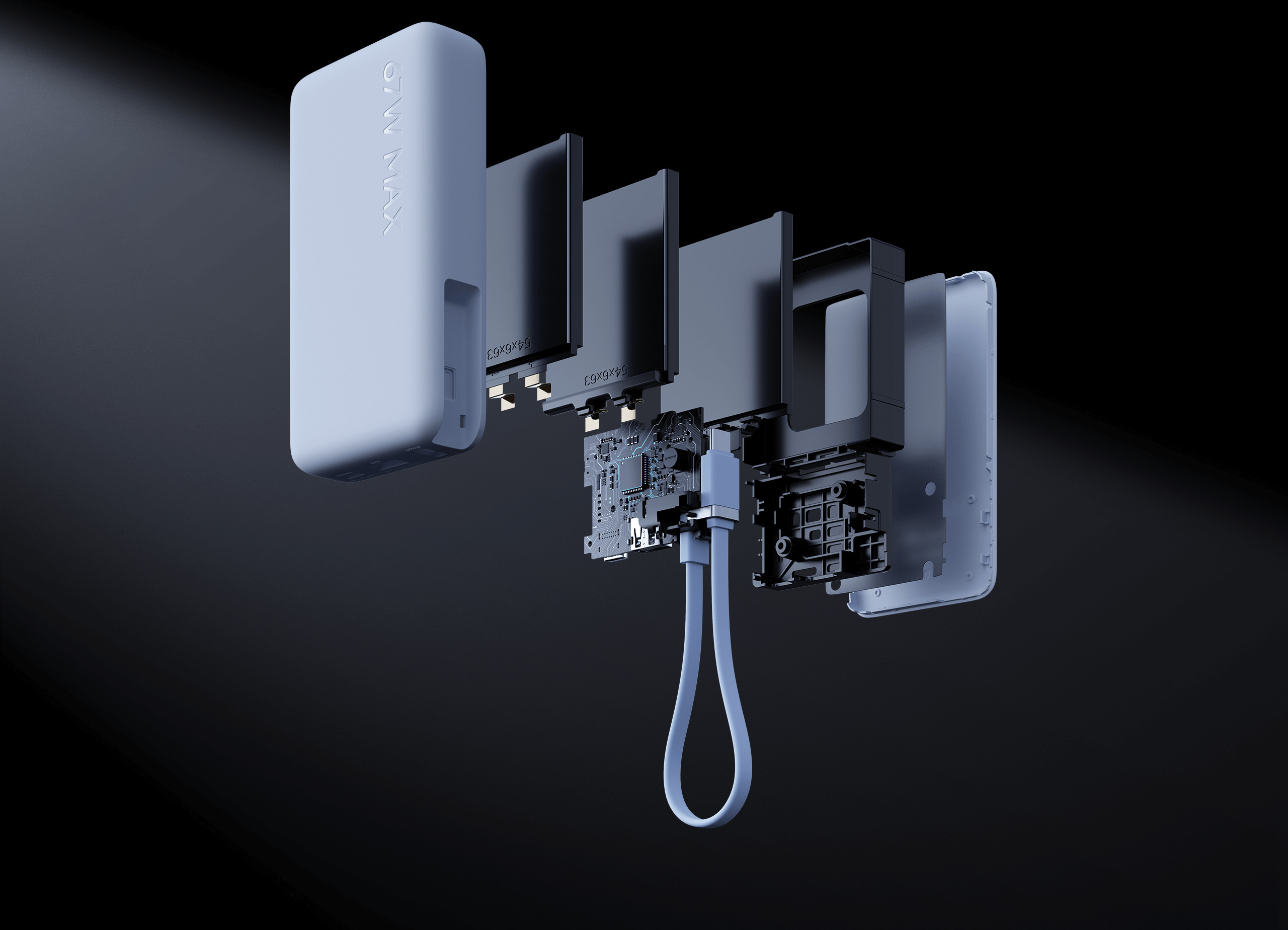 Разглобен изглед на Xiaomi 67W Power Bank 10000 (Integrated Cable) с батерийните клетки и платката
