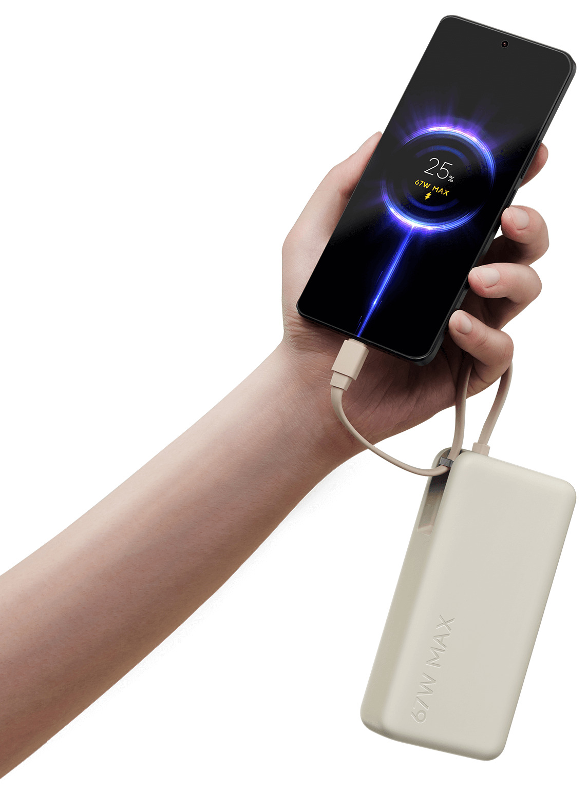 Вграденият USB-C кабел на Xiaomi 67W Power Bank 20000 (Integrated Cable) зарежда смартфон