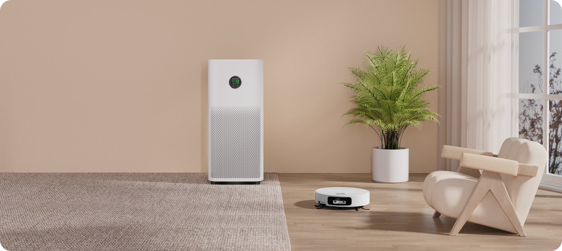 Xiaomi Robot Vacuum 6 в дневна заедно с пречиствател на въздух Xiaomi