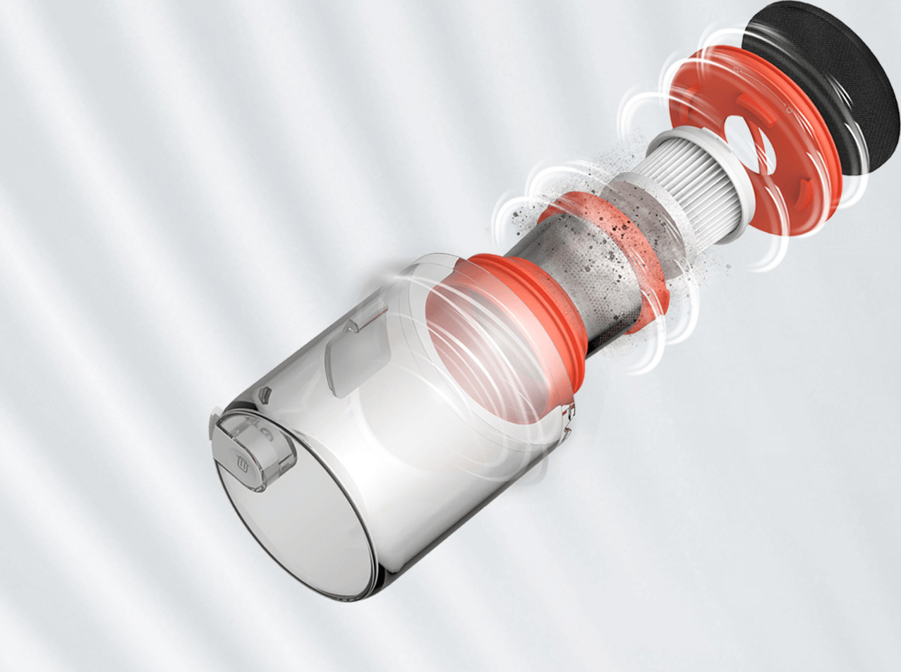 Разглобен изглед на прахоуловителя с филтъра Xiaomi Dust Mite Vacuum Cleaner Filter и посоката на въздушния поток