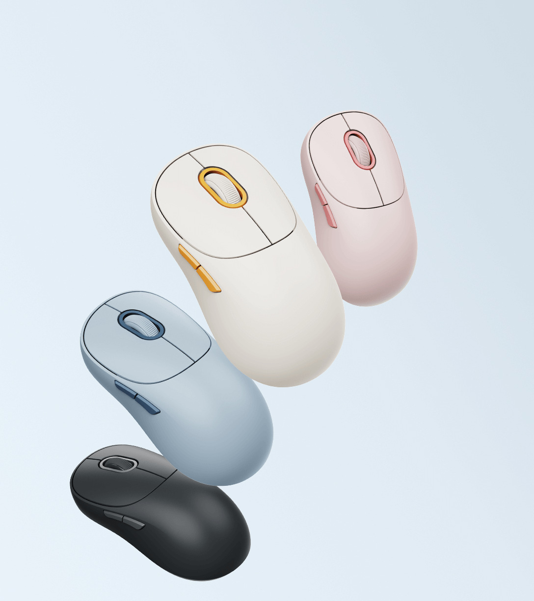 Безжична мишка Xiaomi Wireless Mouse 3 в четирите ѝ цвята — бяло, синьо, розово и черно
