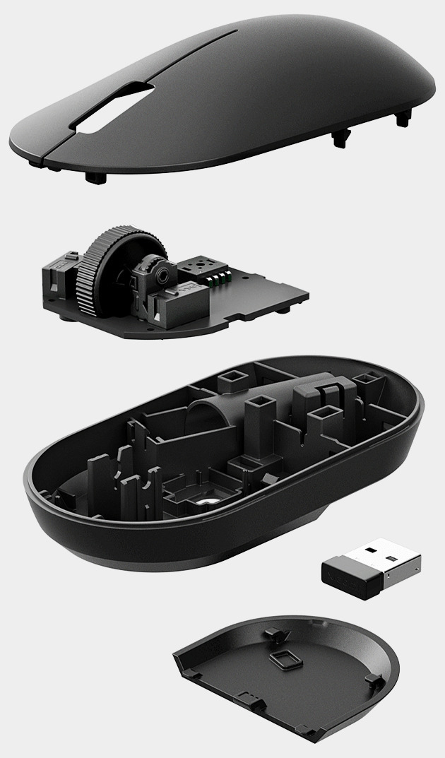 Разглобен изглед на компонентите на Xiaomi Wireless Mouse Lite 2