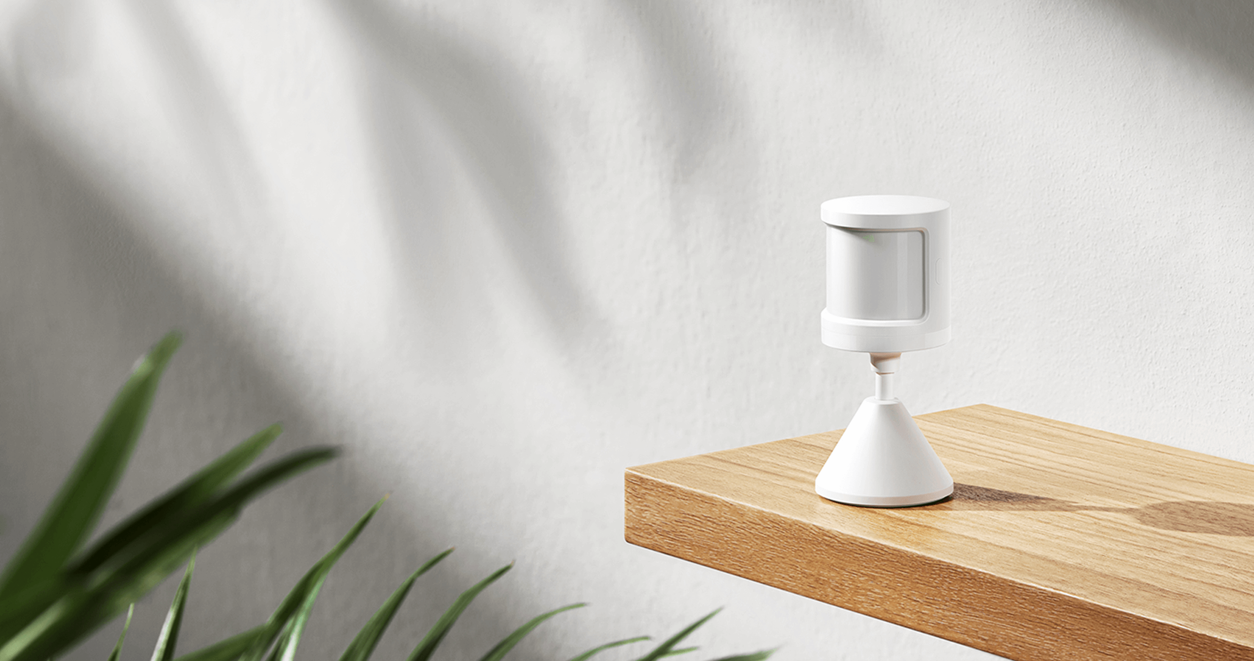 Сензор за движение Xiaomi Motion Sensor 2S, поставен на дървен рафт до стайно растение