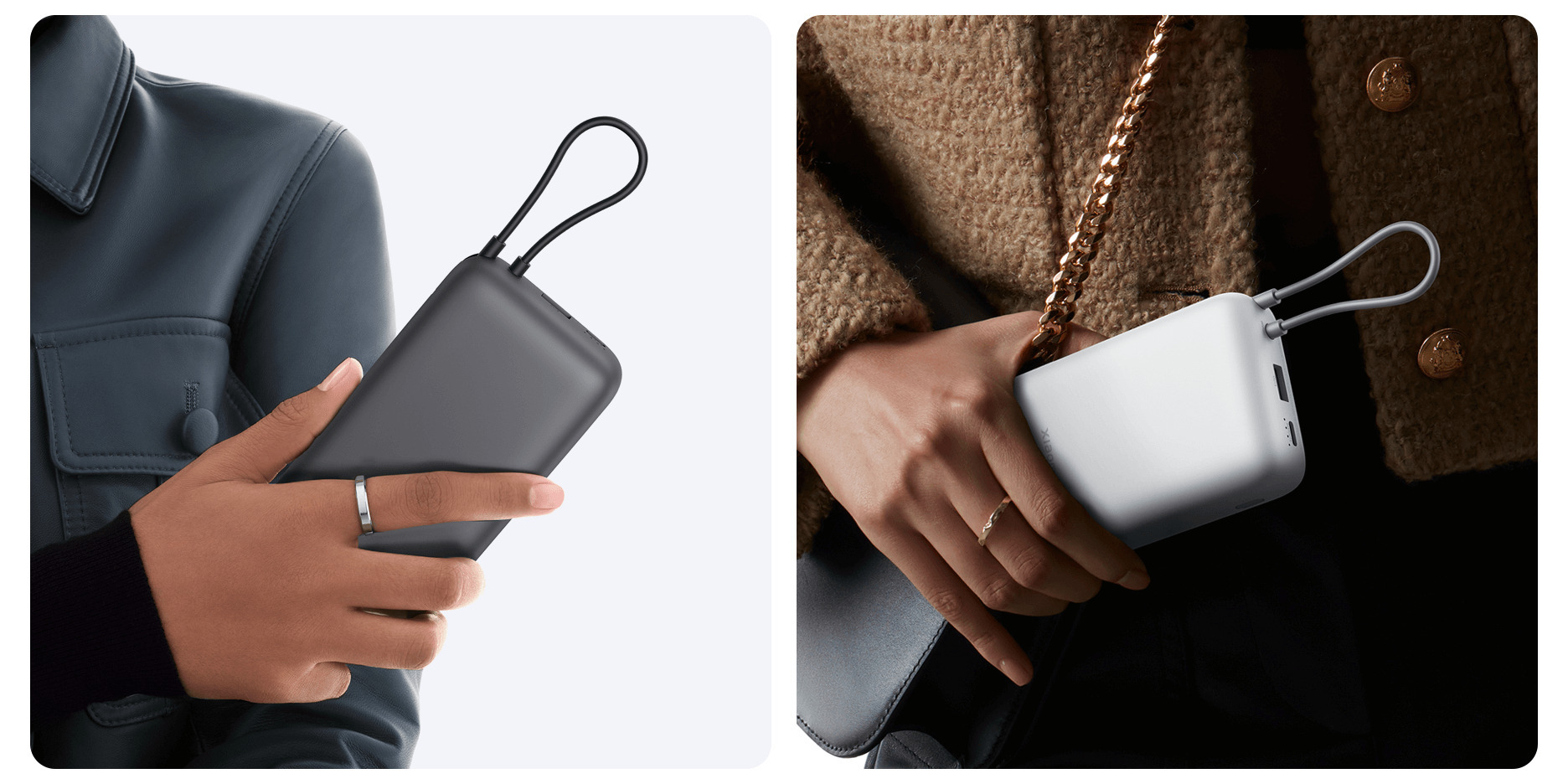 Xiaomi Power Bank 20000mAh (Integrated Cable) в цветове Light Gray и Dark Gray, държани в ръка