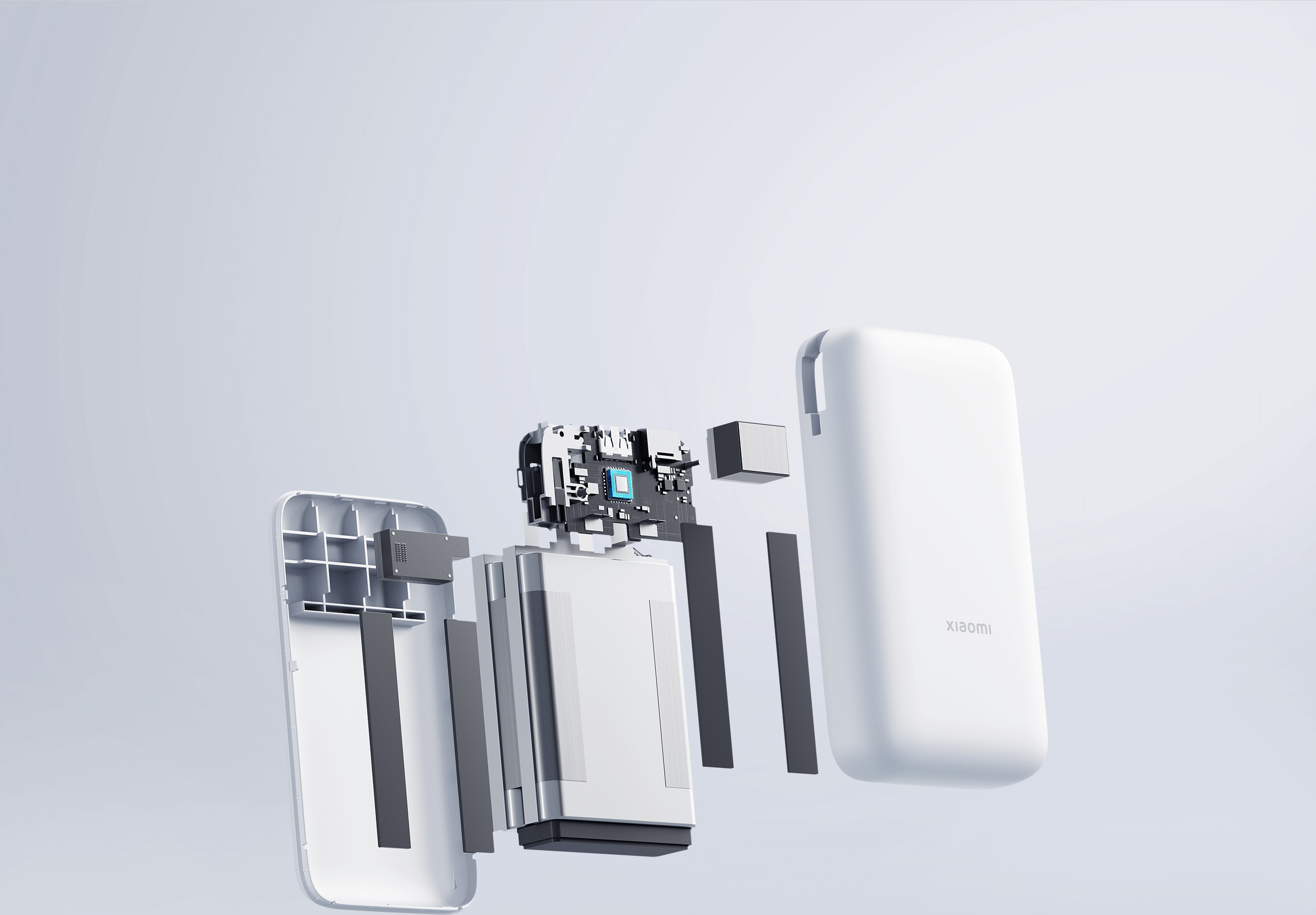 Разглобен изглед на Xiaomi Power Bank 20000mAh (Integrated Cable) с литиево-йонните клетки