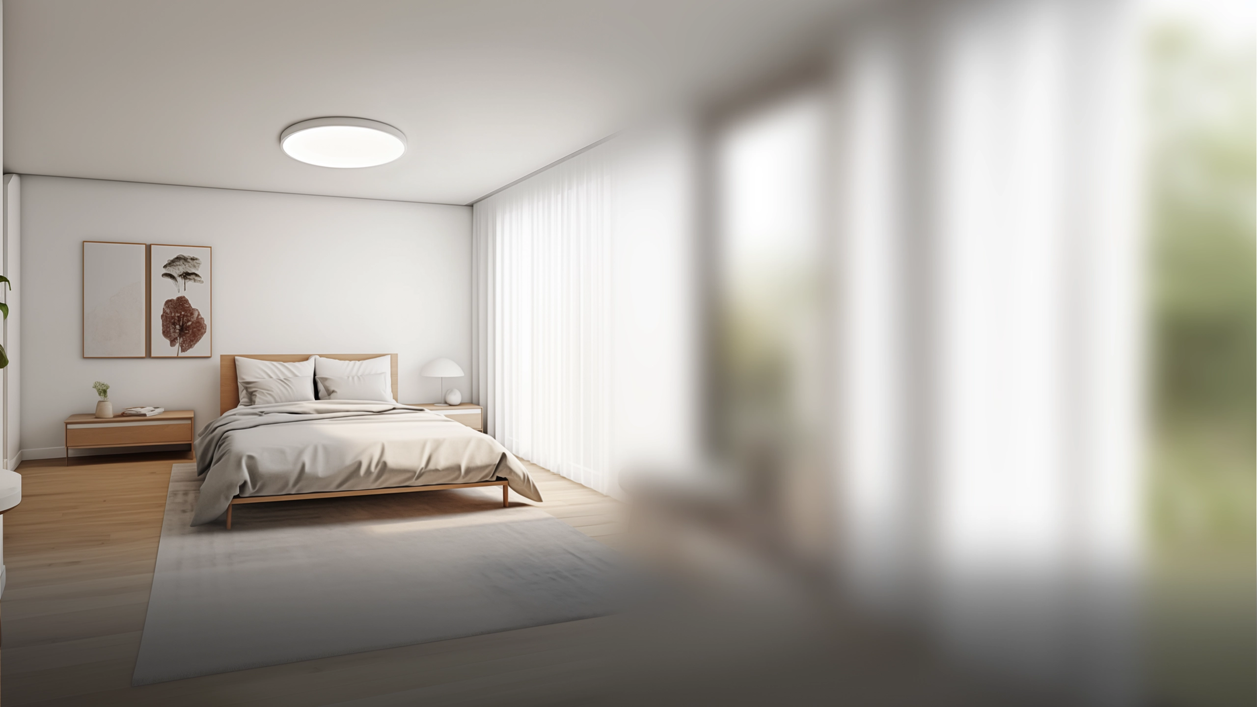 Спалня, осветена от смарт таванната лампа Xiaomi Smart Ceiling Light D40