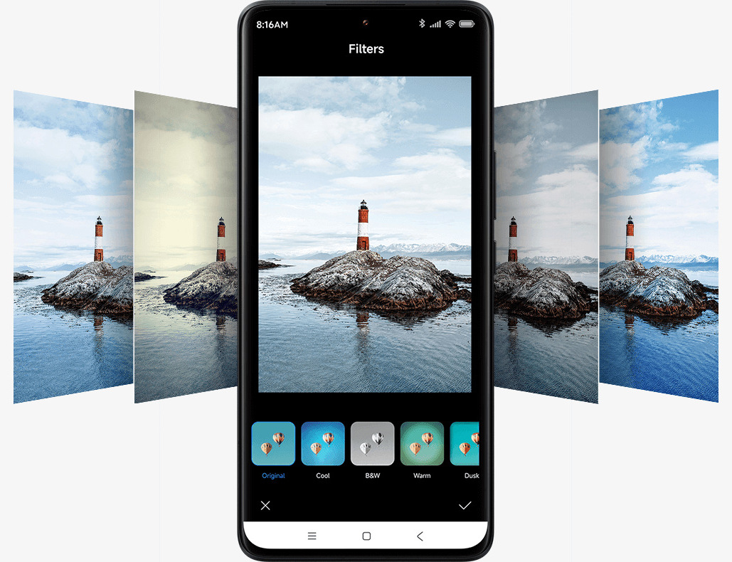 Избор между филтрите за снимки в Xiaomi Home преди печат с Xiaomi Portable Photo Printer 1S