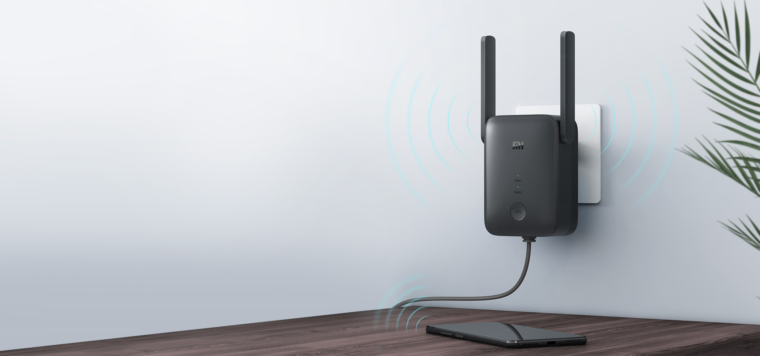 Mi WiFi Range Extender AC1200 в контакта, свързан с Ethernet кабел към устройство в стаята