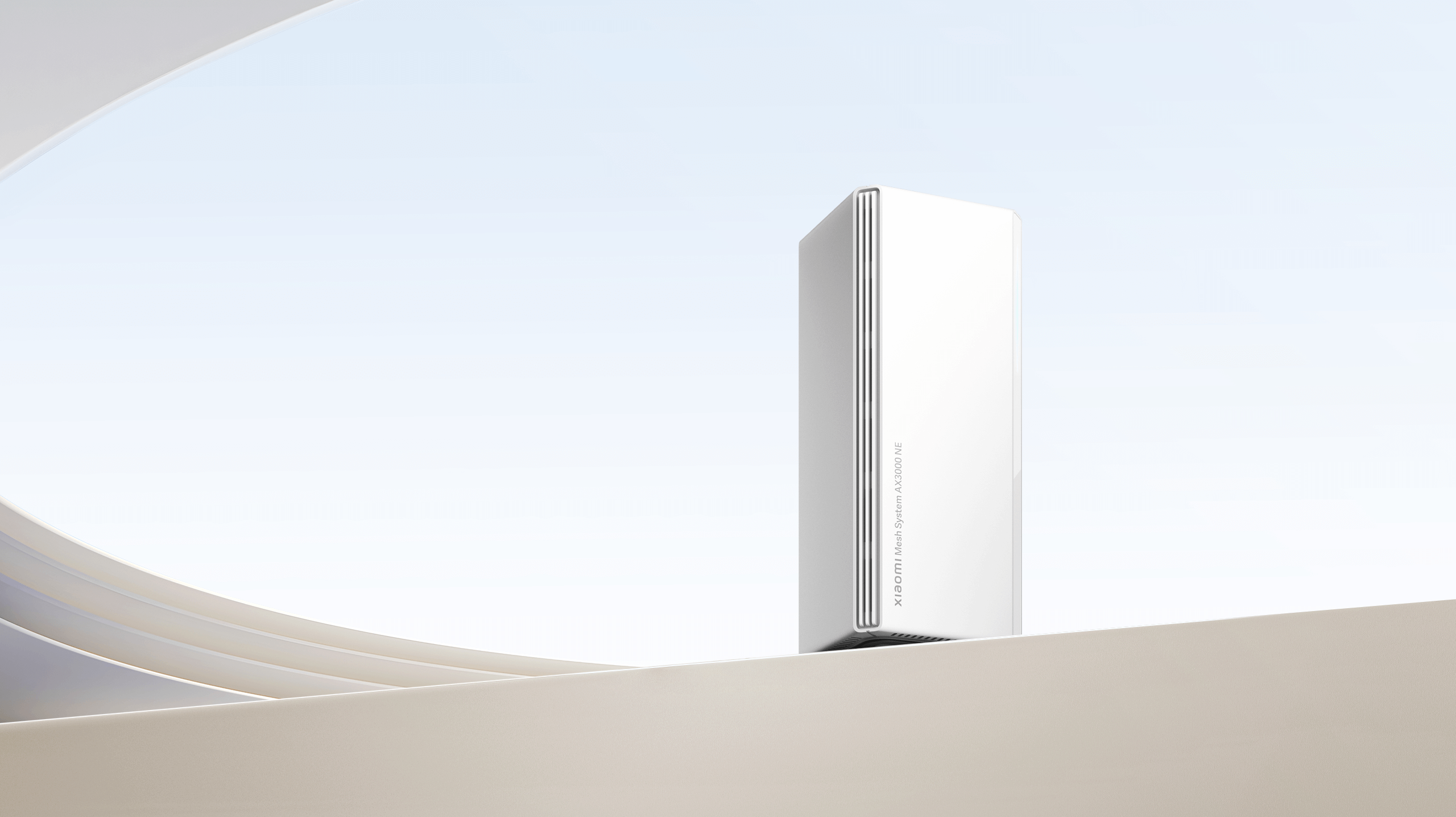 Xiaomi Mesh System AX3000 NE — бял Wi-Fi 6 рутер, изправен на светъл фон