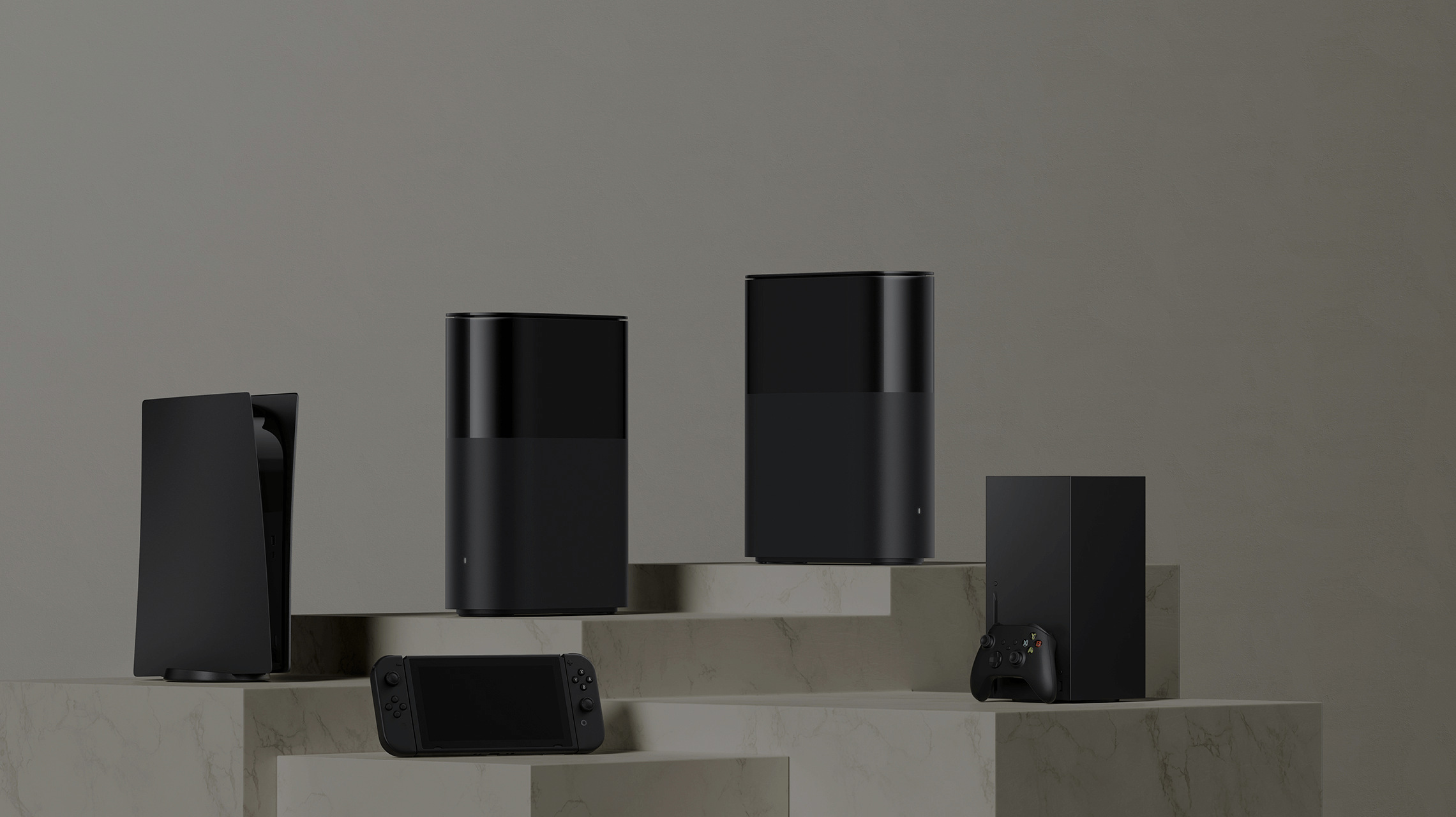 Рутери Xiaomi Mesh System BE3600 Pro и игрови конзоли на светъл фон