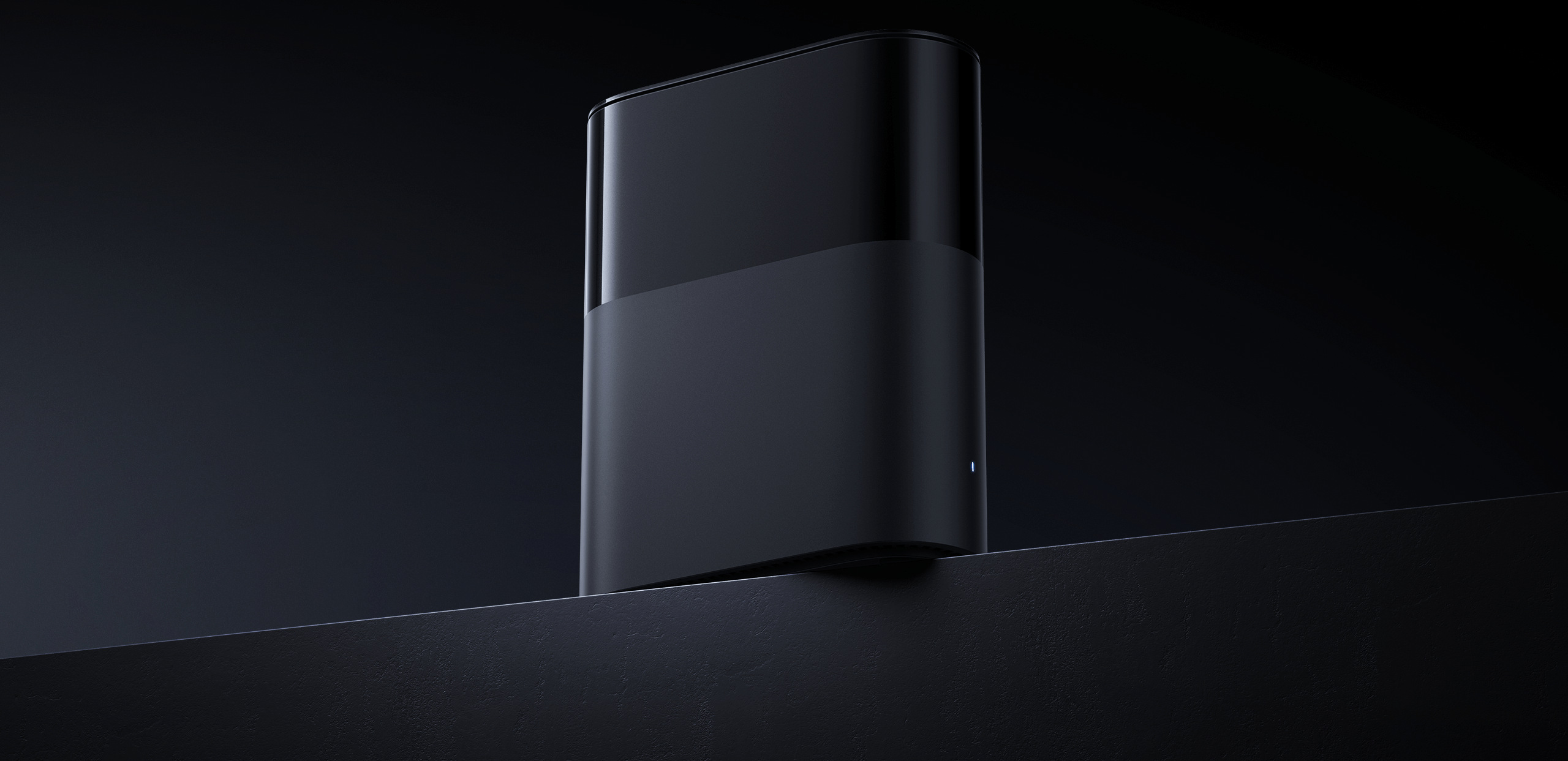 Дизайн на рутера Xiaomi Mesh System BE3600 Pro в тъмносиво на тъмен фон