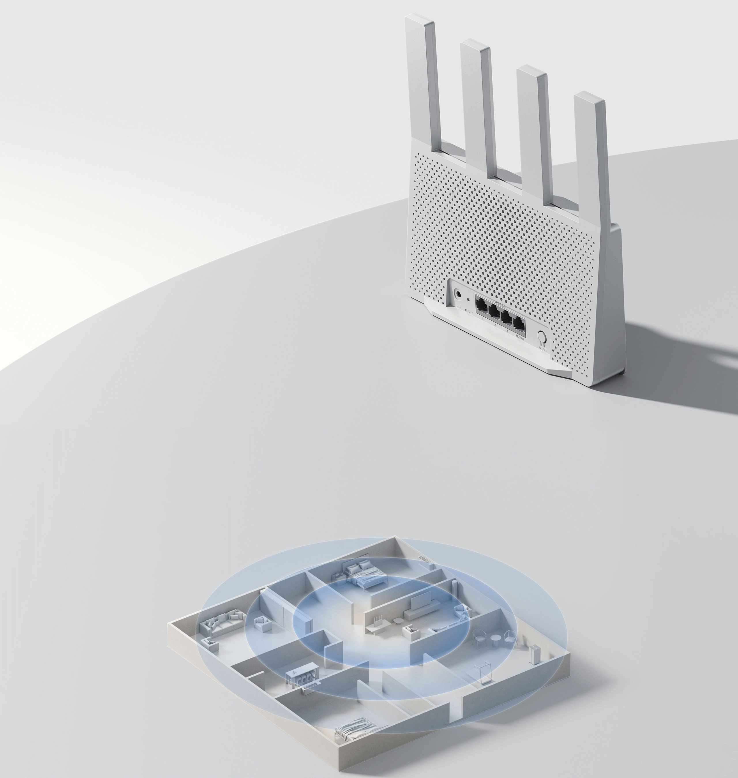 Задната част на Xiaomi Router BE3600 2.5G с Ethernet портовете и макет на жилище с Wi-Fi покритие