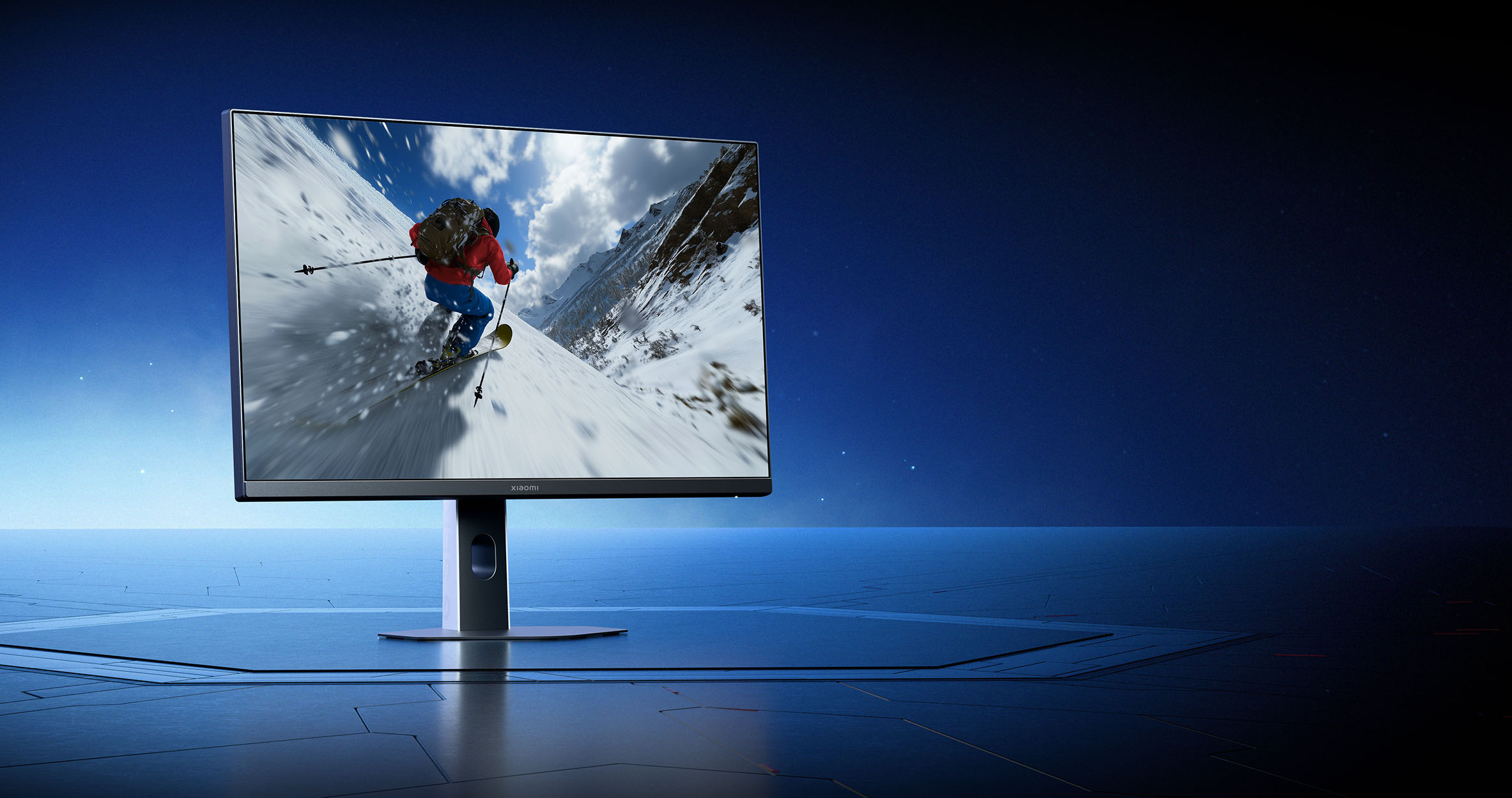 Xiaomi Gaming Monitor G27i 2026 с 27-инчов Fast IPS екран, показващ динамична сцена със ски